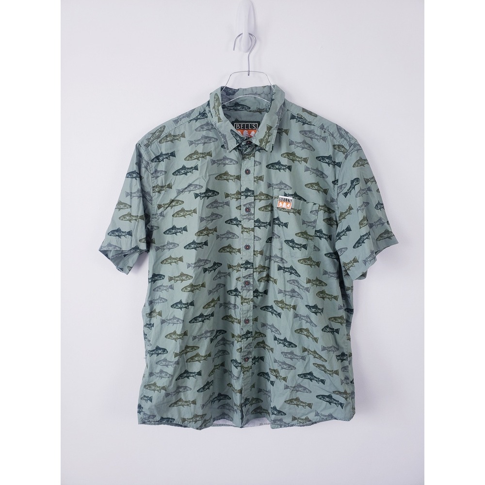 Bell's Brewery  Button Up Shirt Casual Dress Green Fish Print Short Sleeve XL